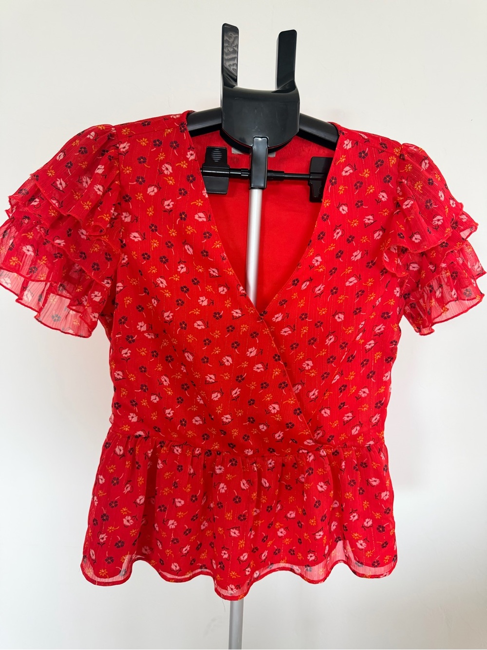 Madewell Red Floral Peplum Ruffle Sleeve Top